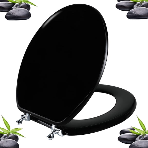 Black Round Toilet Seat Natural Wood with Zinc Alloy Hinges, Easy to Install also Clean, Scratch Resistant by Angol Shiold (Round, Black)