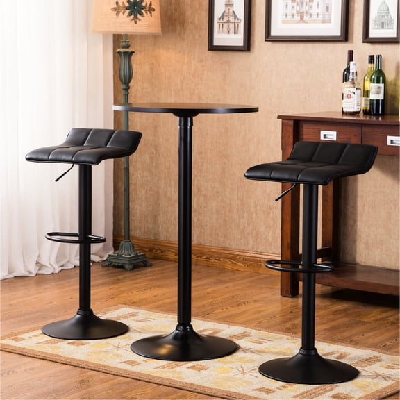 Black Round Top Metal Bar Table And 2 Swivel Leather Stools, Adjustable, Dining Enjoyment Accessory Furniture , Including Adjustable For Room Style Piece