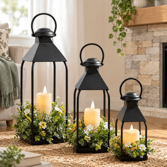Black Round Top Metal Candle Lanterns Set of 3, Sizes 20" 15.7" 12" for Indoor Outdoor Decor