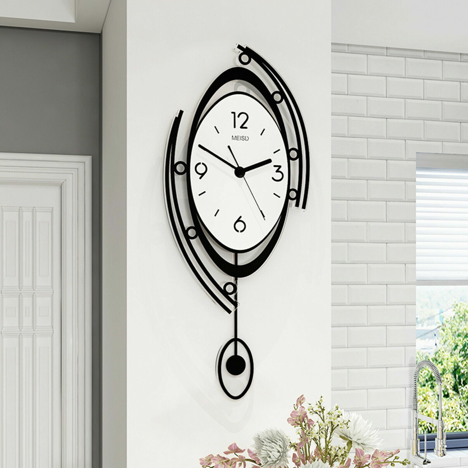 Black Round Wall Clock, Round Nordic Large Wall Clock 3D Creative Wall Clock Dining Room Home Decor 9.8"*23", Non-Ticking Quartz Battery Operated Decorative Clock