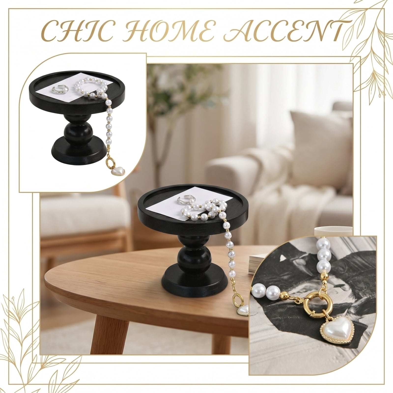 Black Round Wood Pedestal Tray Decor Small Jewelry Holder Organizer ...