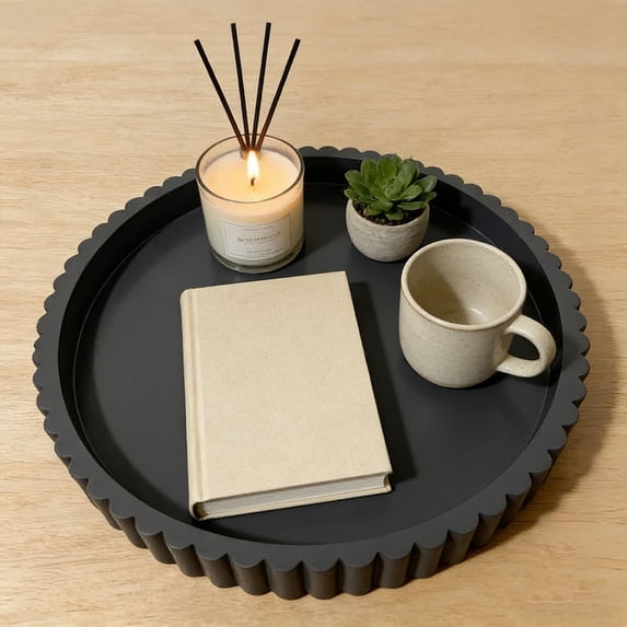 Black Round Wooden Decorative Tray with Ribbed Design, 12 Inch Black Serving and Display Tray for Candles, Vases, Coffee Table or Countertop Decor