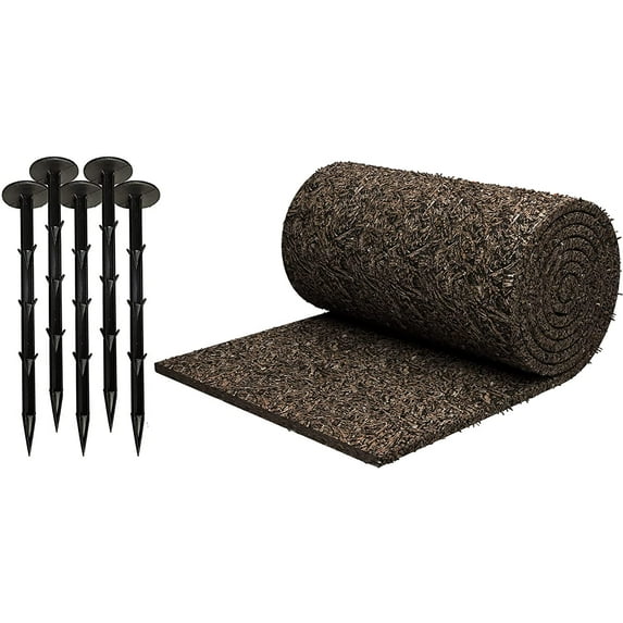 Black Rubber Mulch Border for Landscaping, 8' L x 2' W Roll, Natural-Looking Permanent Garden Barrier for Plants, Vegetables, and Flowers, Recycled and Sustainable, 16 Plastic Anchors Included