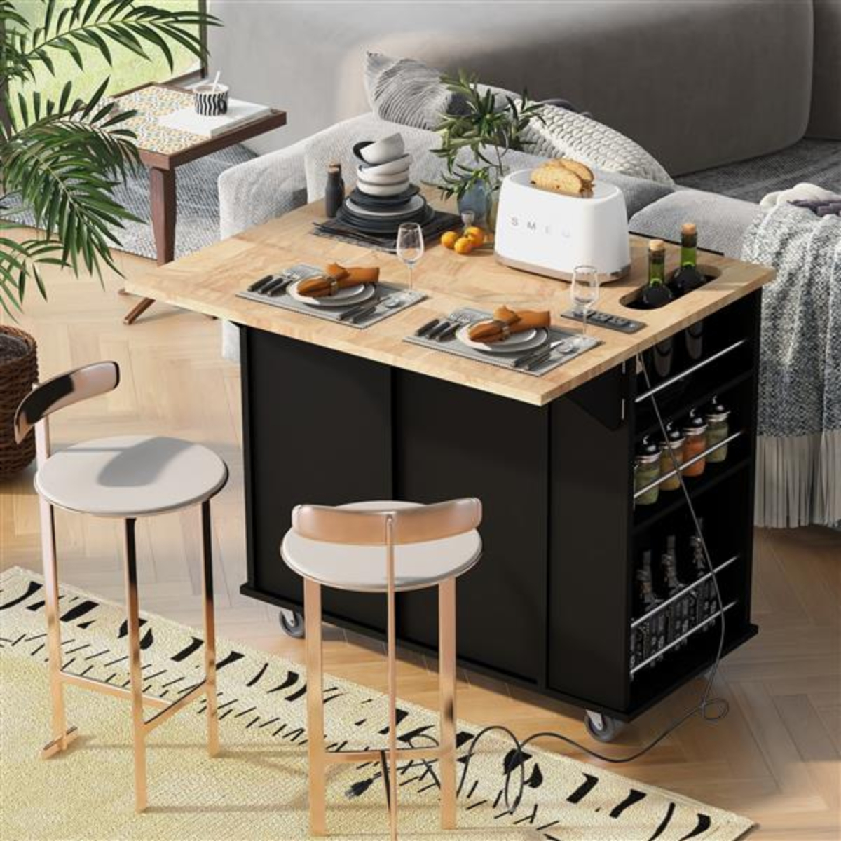 Black Rubber Wood Kitchen Island with Drop Leaf for Home and Dining