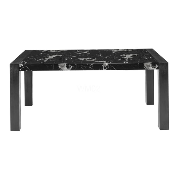 Black Rubberwood Dining Table for 6 with Faux Marble Top and Block Legs, Transitional Rectangular Design