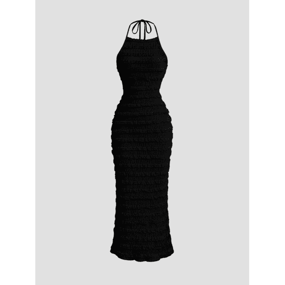 Black Ruched Halter Maxi Dress With Adjustable Neck Tie