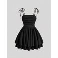 thumbnail image 1 of Black Ruched Tie-Shoulder Pleated Mini Dress For Women, 1 of 4