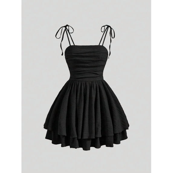 Black Ruched Tie-Shoulder Pleated Mini Dress For Women