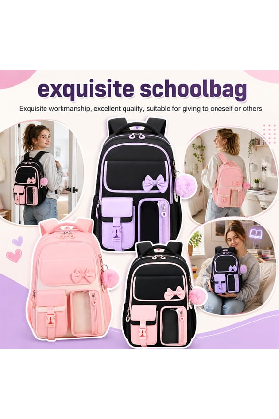 Black Rucksack, Back-To-School, School Supplies, Student Backpack, 17X12X12 Inch Water-Resistant Polyester Book Bag with Buckle Closure, Pink Bow and Fluffy Pom, Ideal Daily Carry