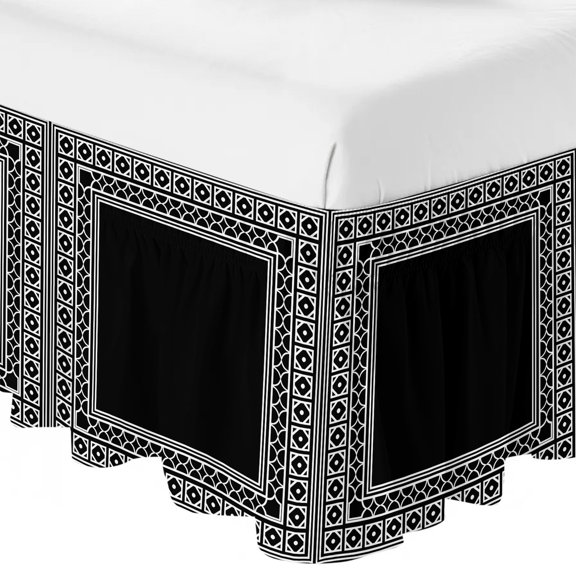 Black Ruffle Bed Skirt Queen Size Boho Diamond Pattern Border Rustic Southwestern Adjustable Elastic Dust Bed Skirts Wrap Around Bedskirt Wrinkle Free Easy Fit with 16 Inch Drop