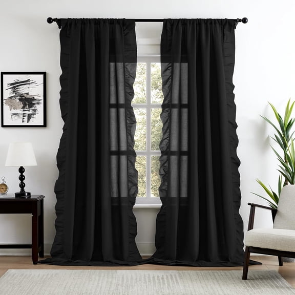 Black Ruffle Curtains 84Inches Long 2 Panels for Bedroom Living Room Rod Pocket Light Filtering Classic Victorian Gothic Ruffle Curtains for Modern Window Drapes Privacy Decor Soft Touch Fabric 52x84
