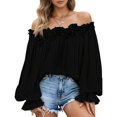 thumbnail image 1 of Black Ruffle Off-Shoulder Blouse for Women, Flowy lamp Sleeve Top with Stretch Fabric, Party & Date Night Essential, 1 of 9