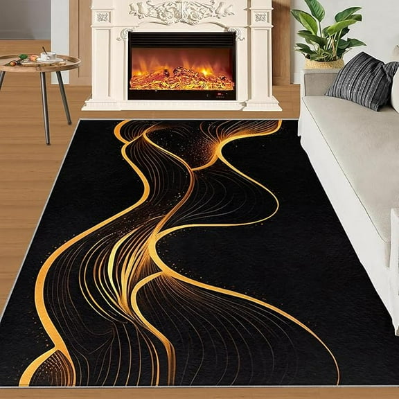 Black Rug, Black And Gold Marble Rug For Living Room, Soft Comfortable Washable Anti-Shedding With Non-Slip Rug For Bedroom Dining Room Apartment Decor 4 x 6ft