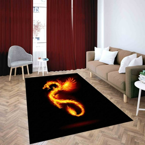 Black Rug, Cute Rugs, 3D Printed Rug, Dragon Rug, Fire Dragon Rug, Machine Washable Rugs, Salon Rug, Animal Rugs, Kitchen Rug, Cool Rug, 2.6'x6.5' - 80x200 cm