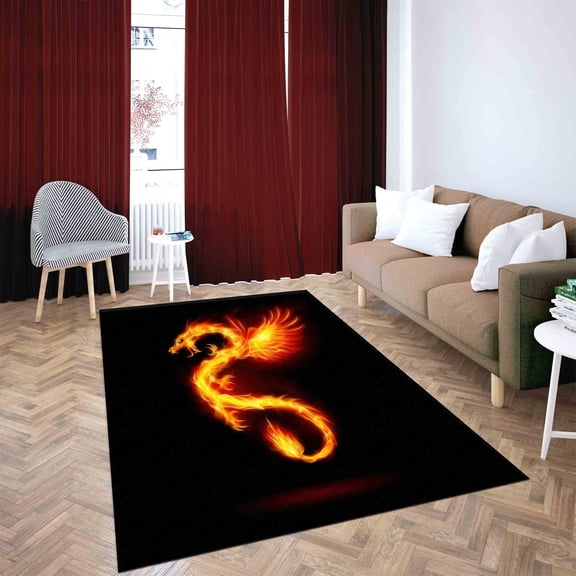Black Rug, Cute Rugs, 3D Printed Rug, Dragon Rug, Fire Dragon Rug, Machine Washable Rugs, Salon Rug, Animal Rugs, Kitchen Rug, Cool Rug, 5.2'x7.5' - 160x230 cm