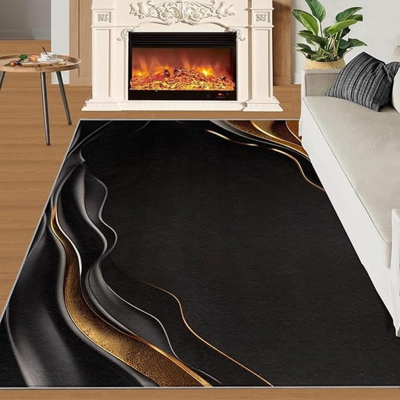 Black Rug, Gold Marble Abstract Rug For Living Room, Washable Rugs Breathable Soft Non-Shedding With Non-Slip Rug For Bedroom Apartment Under Dining Table 4x6ft
