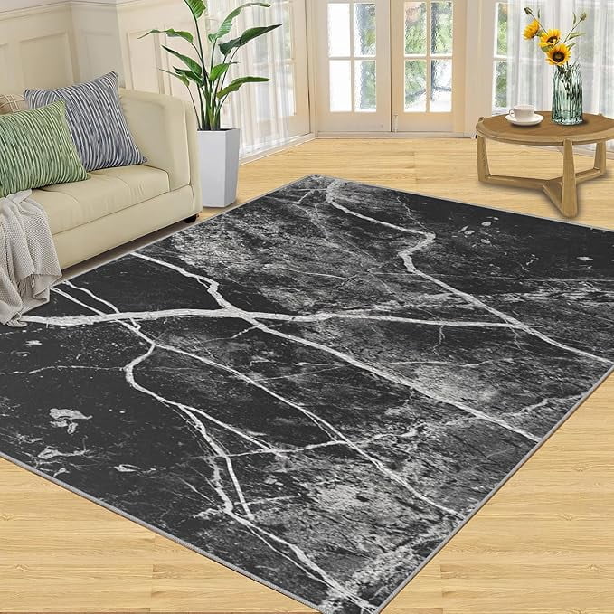Black Rug For Living Room, Modern Abstract Marble Washable Rug, Soft ...