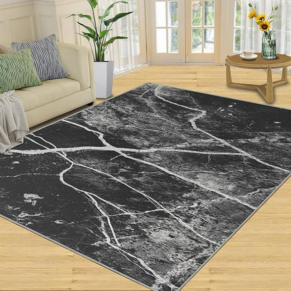 Black Rug For Living Room, Modern Abstract Marble Washable Rug, Soft Low-Pile Non-sheddin With Non-Slip Backing Indoor Rug For Dining Room Under Table Bedroom 5 x 7ft
