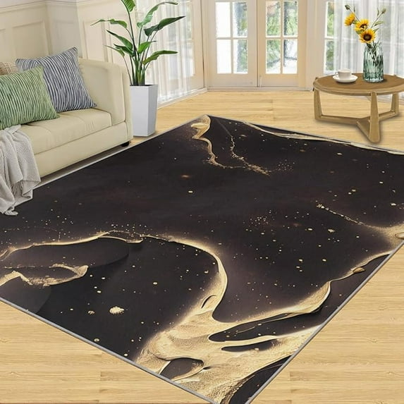 Black Rug, Modern Abstract Gold Rug For Living Room, Washable Rug Soft Comfortable With Non-Slip Backing Ideal For Bedroom Office Study Apartment 1x2ft