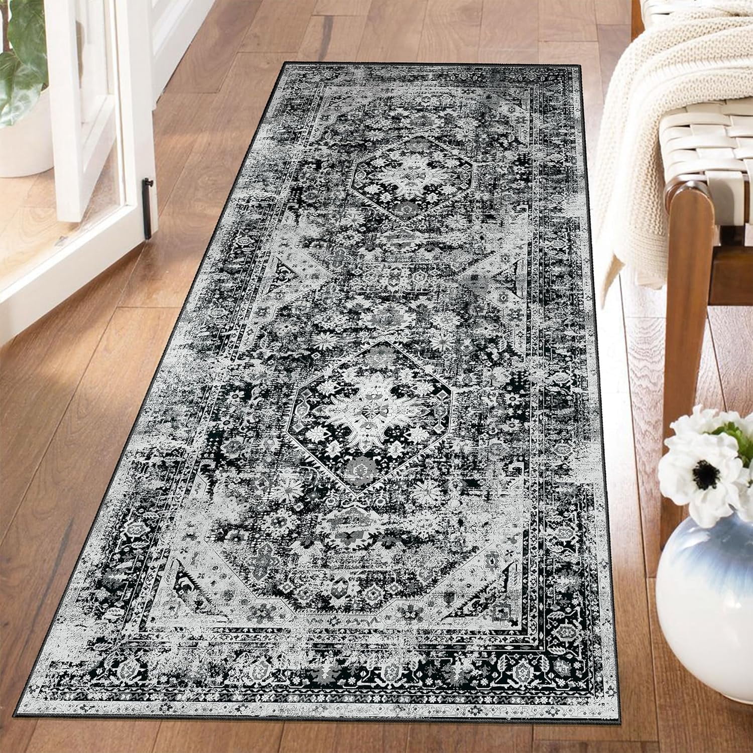 Black Rug Washable Runner Rug for Kitchen Bathroom Entryway Non Slip