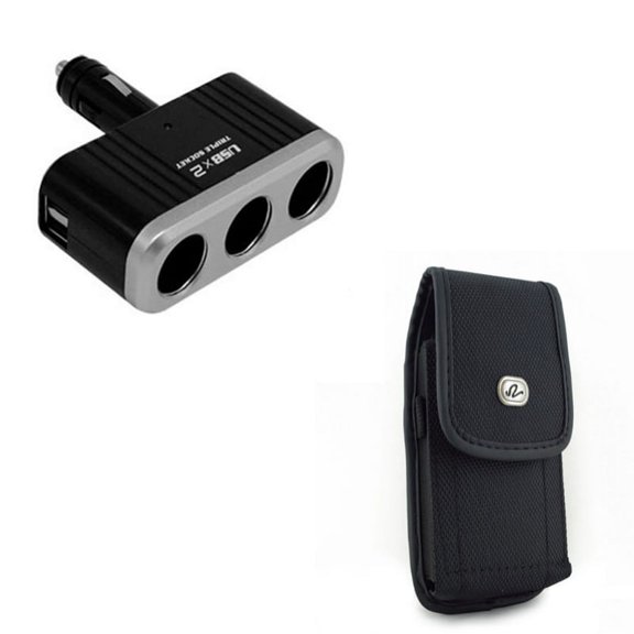 Black Rugged Canvas Phone Case w Car Charger Lighter Socket Splitter Triple Port Adapter Y1L Compatible With Google Pixel 3a XL