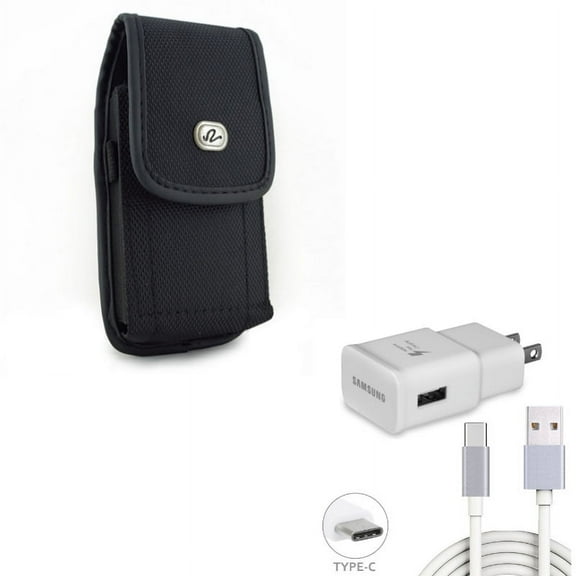 Black Rugged Canvas Phone Case w Home Wall Adaptive Fast Charger 6ft Long Type-C USB Cable Wire A9G for Motorola Moto Z Droid X4 - Nokia 8 - Samsung Galaxy S9, S8, active - Sony Xperia L1