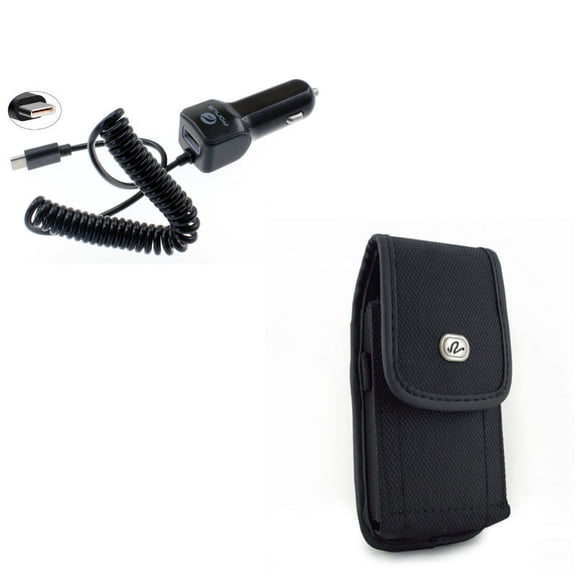 Black Rugged Canvas Side Case w 3.1Amp Type-C Car Charger DC with USB Port W8A Compatible With Google Pixel 3a XL