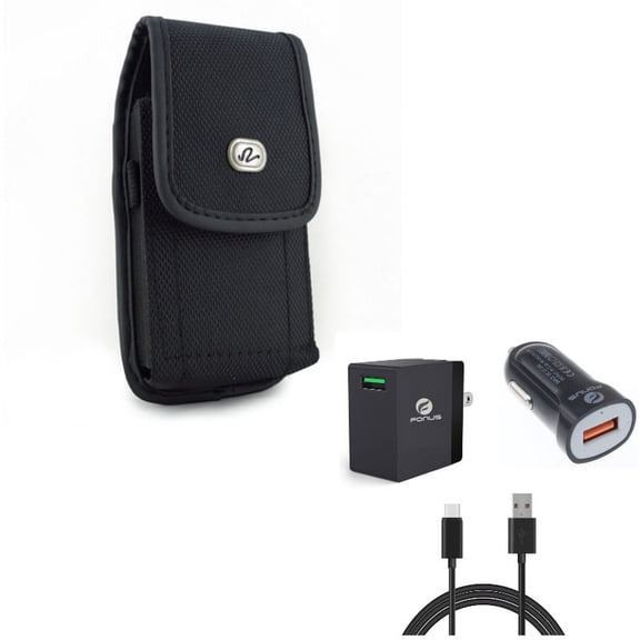 Black Rugged Canvas Side Case w 3-in-1 Adaptive Fast Home Car Charger 6ft Long USB Cable Bundle V4K for Motorola Moto Z2 Force Z Force Droid G7 Power - OnePlus 5T, 6, 6T - Razer Phone 2