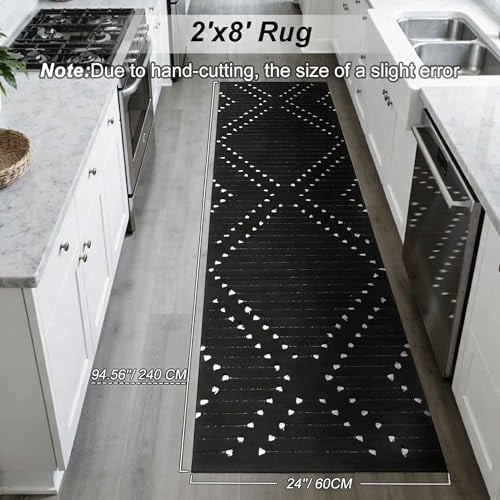 Black Runner Rug for Kitchen, 2x8 Boho Washable Rug Runner for Hallway,Moroccan Cotton Long Entryway Area Rug Indoor Carpet for Bedroom Laundry Doorway Entry