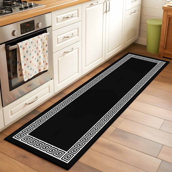 Black Runner Rugs 2x6 ft Greek Chinese Style Border Geometric Washable Hallway Rugs Non-Slip Floor Mats Absorbent Carpet Bedside Runners for Bedroom Kitchen Bathroom Laundry Room