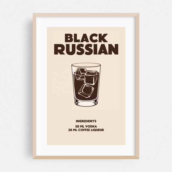 Black Russian - Bruxelles Belgium Illustration Cocktail Bar Typography Kitchen Decor Retro Vintage Coffee Oak Framed Wall Art Print 24 x 36 inches