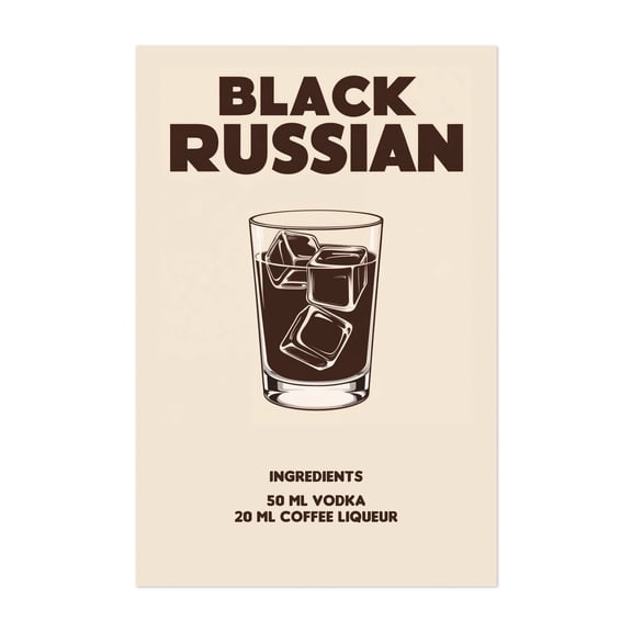 Black Russian - Bruxelles Belgium Illustration Cocktail Bar Typography Kitchen Decor Retro Vintage Coffee Unframed Wall Art Print 12 x 18 inches