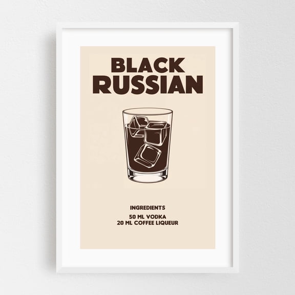Black Russian - Bruxelles Belgium Illustration Cocktail Bar Typography Kitchen Decor Retro Vintage Coffee White Framed Wall Art Print 5 x 7 inches