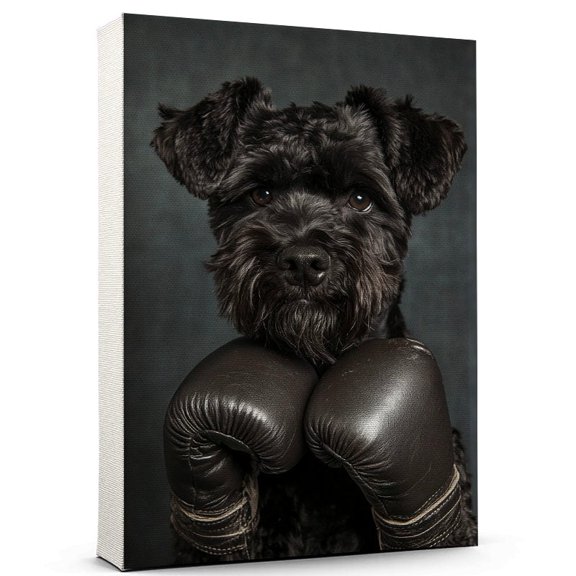 Black Russian Terrier Cute Dog Boxing Canvas Canvas  Retro Black Russian Terrier Dog Batter in Action With Boxing for Themed Living Room, Pet Shop Decor