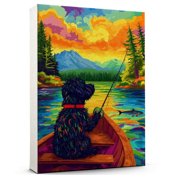 Black Russian Terrier Dog Fishing Art Canvas Black Russian Terrier Dog Playing Fishing Wall Art, Dog Lover Canvas, Sports Theme Decor for Living Room