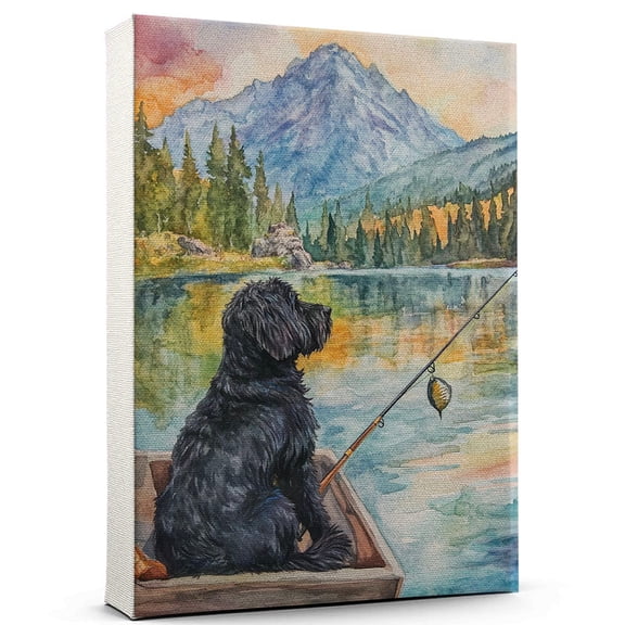 Black Russian Terrier Dog Playing Fishing Wall Canvas Black Russian Terrier Canvas Art for Dog Lovers, Fishing Canvas and Unique Room Decor