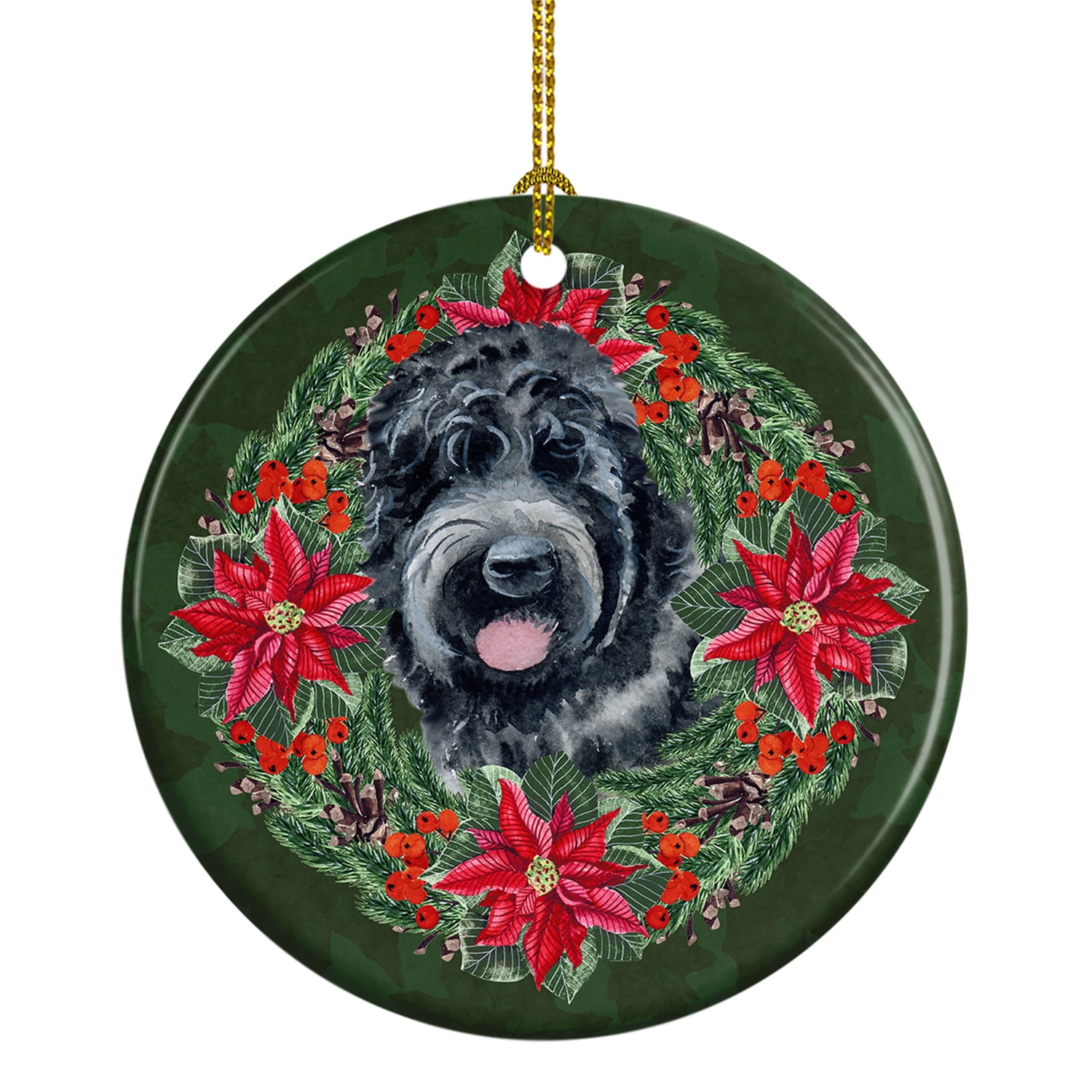 Black Russian Terrier Poinsetta Wreath Ceramic Ornament 2.8 in x 2.8 in