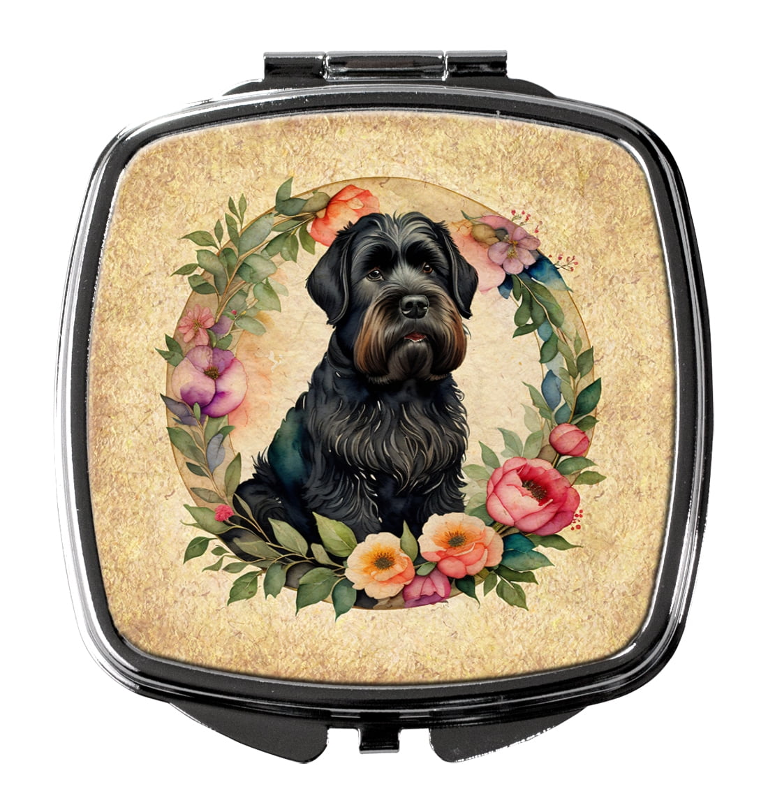 Black Russian Terrier and Flowers Compact Mirror 2.75 in x 3 in