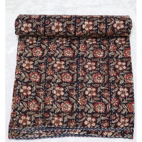 Black Rust Floral Indian Kantha Quilt Handmade Cotton Block Print Blanket Soft Lightweight Bedding Throw for Home Décor