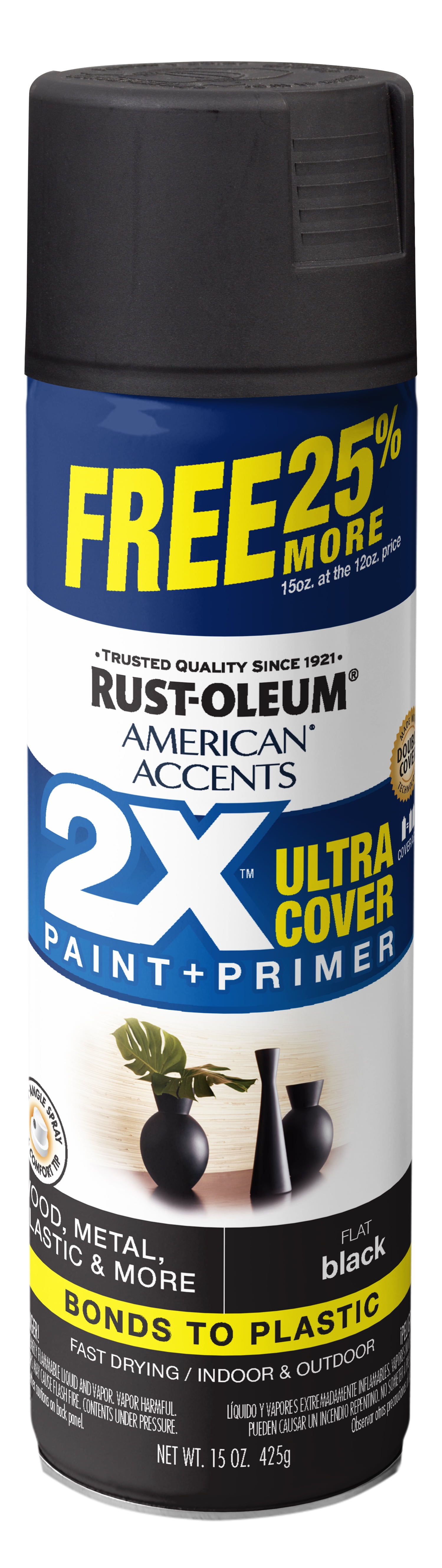 Black, Rust-Oleum American Accents 2X Ultra Cover Flat Spray Paint 25% More Bonus Can, 15 oz