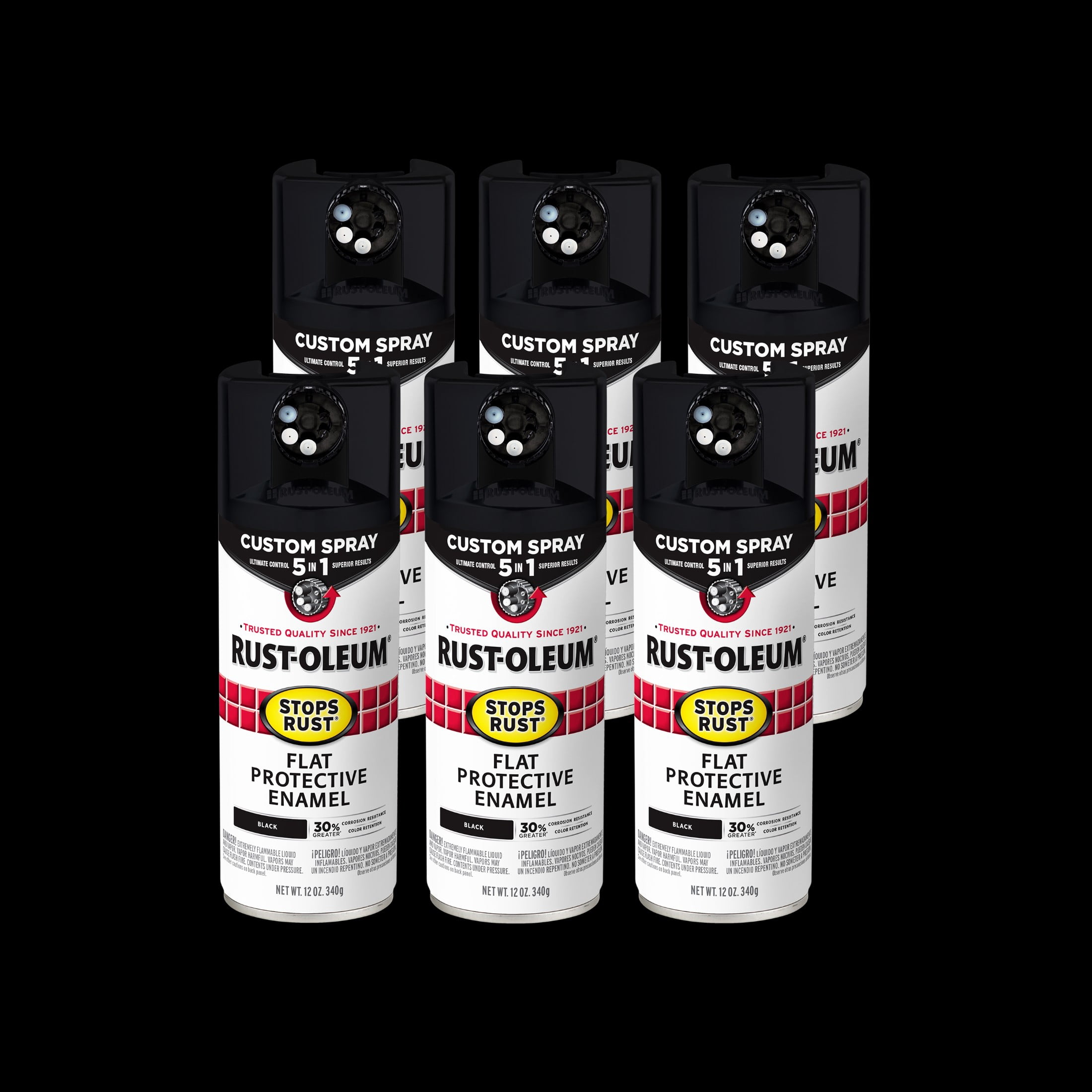 6 Pack, Black, Rust-Oleum Stops Rust Custom Spray 5 in 1 Flat