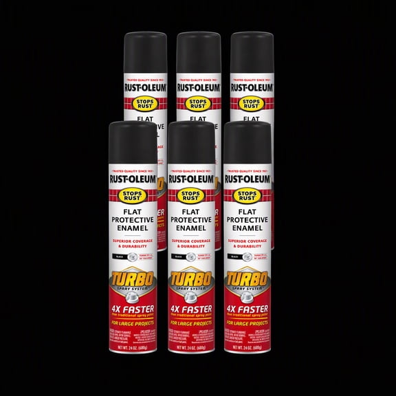 6 Pack, Black, Rust-Oleum Stops Rust Flat Turbo Spray Paint-376298, 24 oz