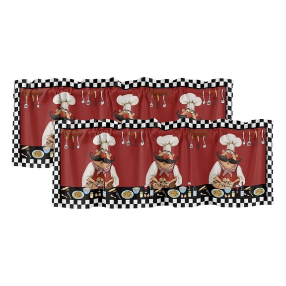 Black Rustic Chefs 2 Panels Kitchen Valance, Cooking Food Wine Whimsical Kitchen Curtains Valances for Small Windows Rod Pocket Window Treatments for Living Room Bedroom 42" W x 12" L