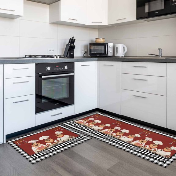 Black Rustic Chefs 2 Pieces Non-Slip Kitchen Mat Set, Cooking Food Whimsical Kitchen Soft Door Mat with Rubber Backing, Dirtproof Rugs for Entrance Doorway, 15.7 x 47.2in