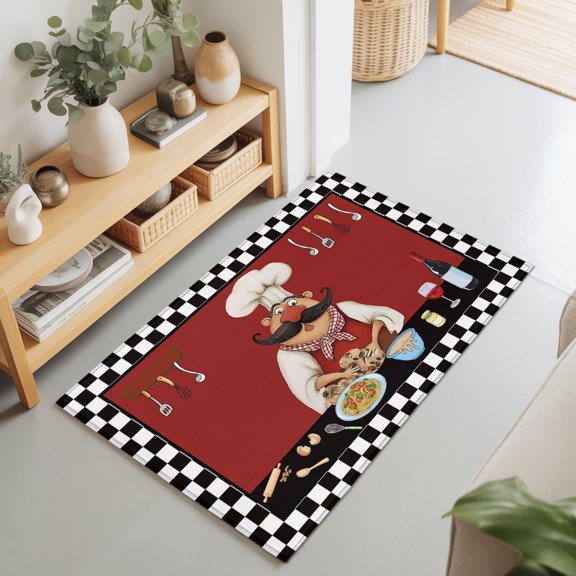 Black Rustic Chefs 2'x3' Rug for Entryway Front Door Kitchen Sink Area, Cooking Food Wine Whimsical Kitchen Low Pile Washable Non Slip Rectangle Area Rug