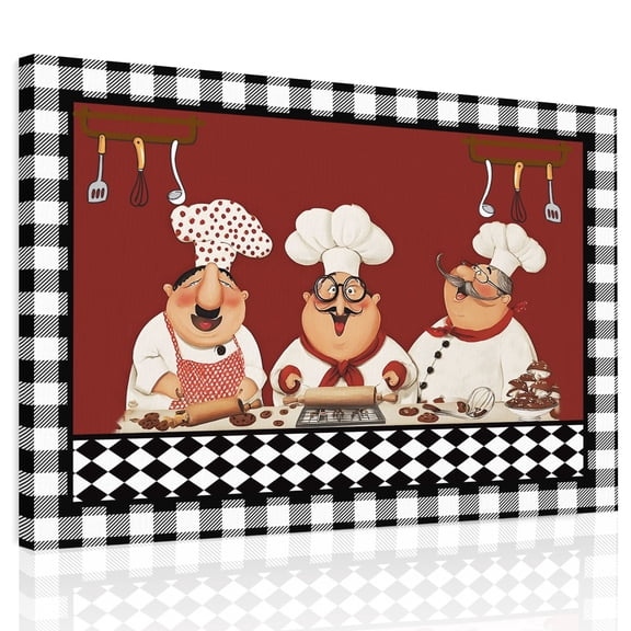 Black Rustic Chefs Canvas Print Wall Art, Cooking Food Whimsical Kitchen Wall Decor Modern Artwork Paintings Pictures for Living Room Framed and Stretched Ready to Hang 16" x 20"