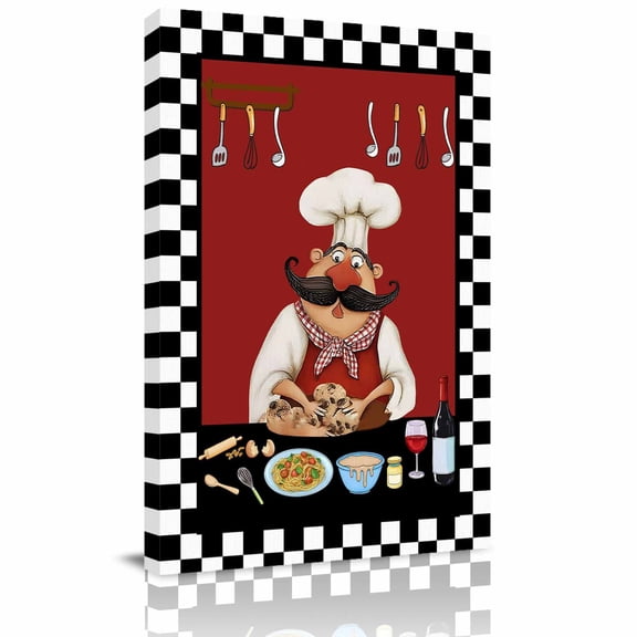 Black Rustic Chefs Canvas Wall Art, Cooking Food Wine Whimsical Kitchen Painting Pictures Print Framed Canvas Wall Decor Artwork Decorations Ready to Hang for Living Room Bedroom 12"x8"