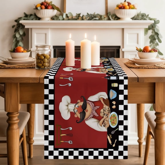 Black Rustic Chefs Dining Table Runner, Cooking Food Wine Whimsical Kitchen Washable Table Runners Kitchen Coffee Table Center Decor for Home Party Holiday Wedding 13 x 48 Inches