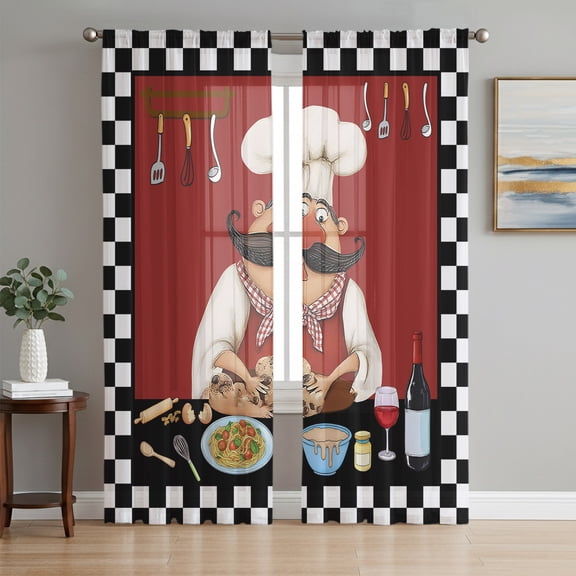 Black Rustic Chefs Sheer Curtains for Living Room Bedroom, Cooking Food Wine Whimsical Kitchen Light Filtering Sheer Curtain Rod Pocket Voile Window Treaments Drapes, 52 x 63 Inches