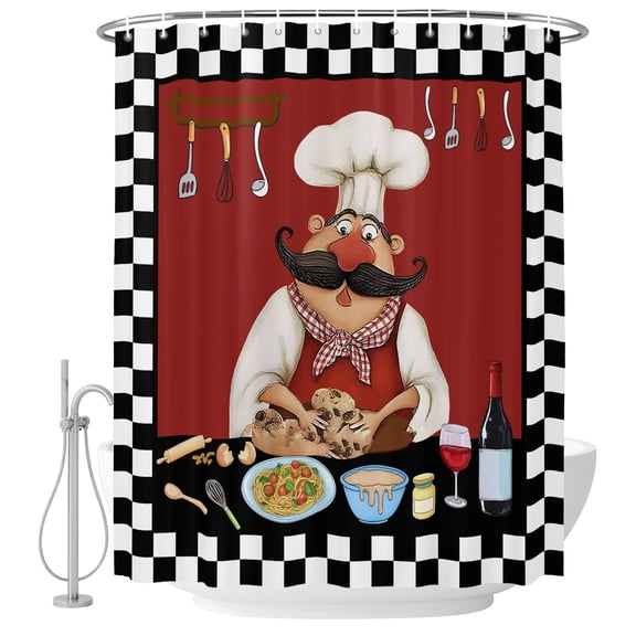 Black Rustic Chefs Shower Curtain for Bathroom, Cooking Food Wine Whimsical Kitchen Waterproof Machine Washable Shower Curtain Set with Hooks, Bath Decoration for Home Bathtub Stall 36"x72"